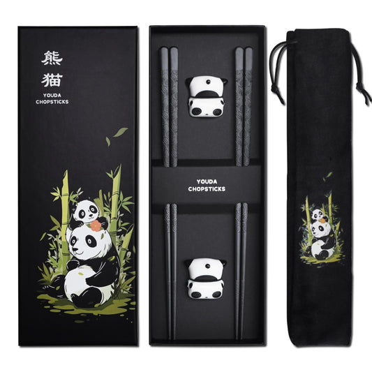 Reusable fiberglass chopstick set with panda design - 2 pairs of dishwasher-safe chopsticks + ceramic rest - elegant Chinese gift