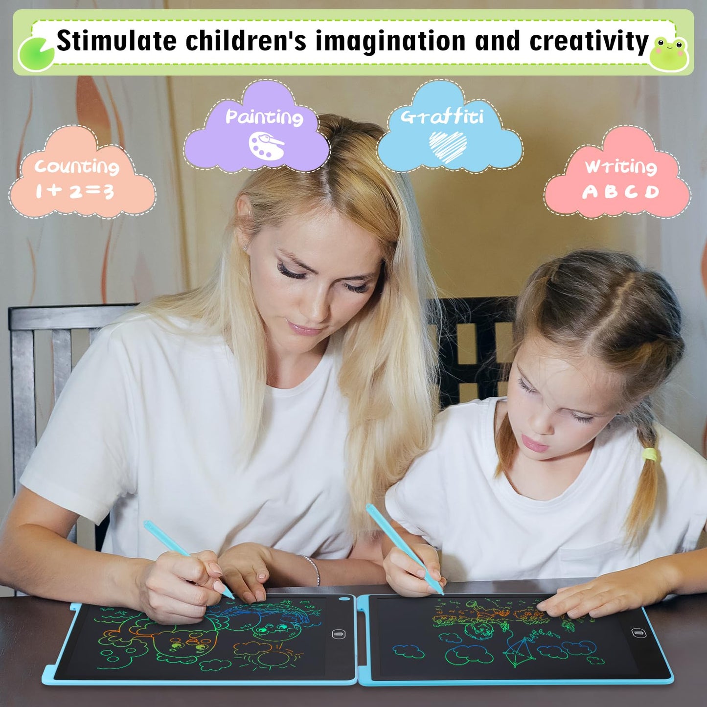 Damcyer 2 Pack-12 Inch LCD Writing Tablet for Kids, LCD Magic Board with Animal Stickers, Reusable Drawing Pad for Kids and Adults Birthday Gifts Toy, Blue + Blue