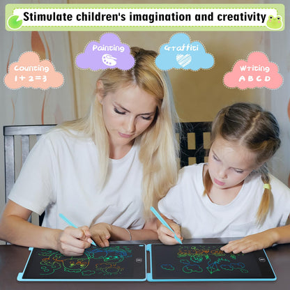 Damcyer 2 Pack-12 Inch LCD Writing Tablet for Kids, LCD Magic Board with Animal Stickers, Reusable Drawing Pad for Kids and Adults Birthday Gifts Toy, Blue + Blue