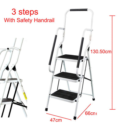 3-step folding step ladder with handrail. Compact, sturdy design features high-quality steel steps with non-slip treads for use at home, in the office, or in the kitchen.