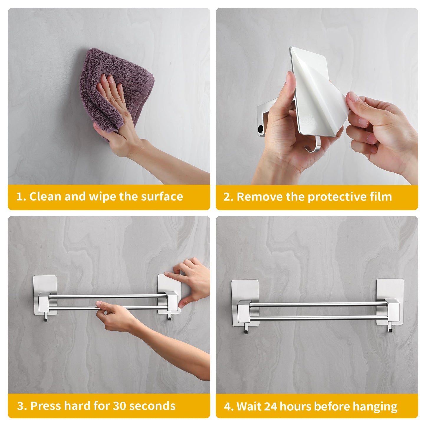 ALOCEO 44CM towel holder without drilling, made of SUS304 stainless steel. Double adhesive towel rack for bathroom, kitchen, shower wall. Silver color.