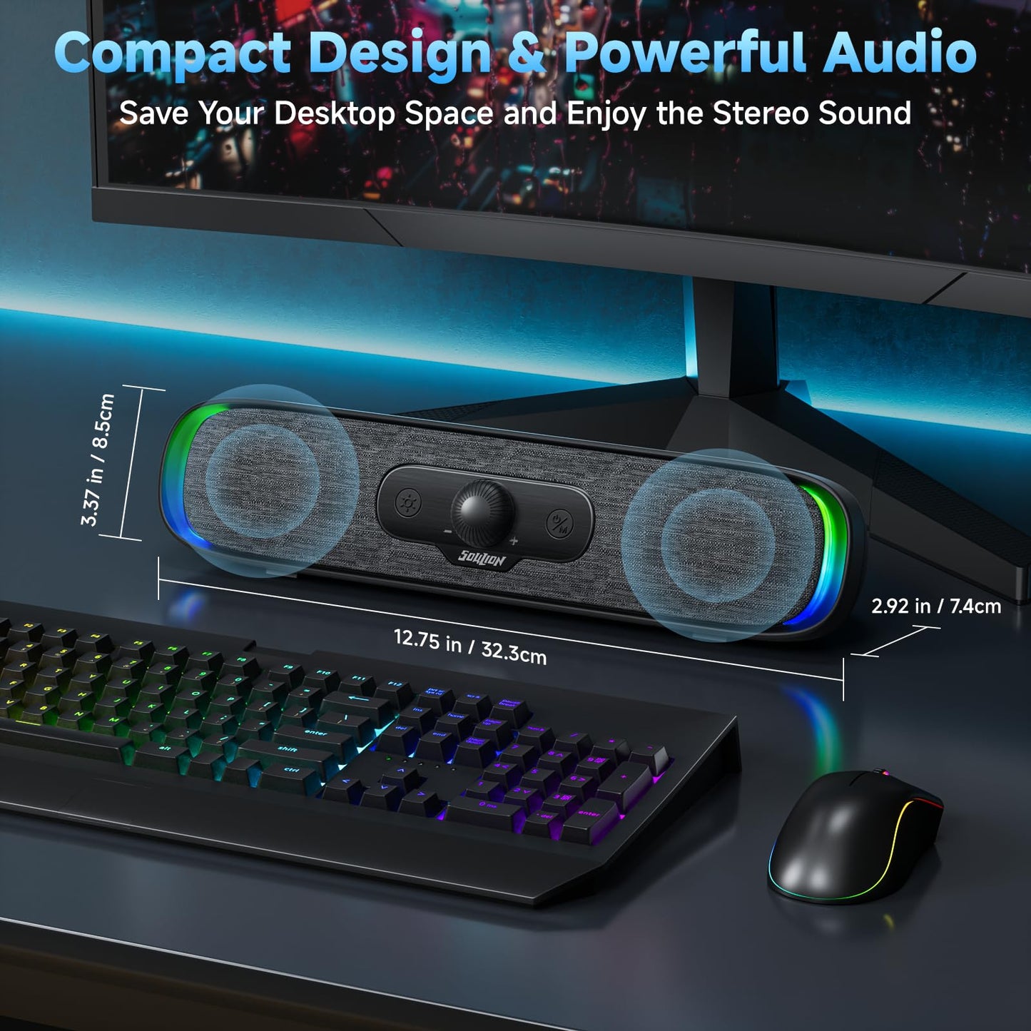 SOULION R200 PC Speakers USB C Bluetooth RGB Soundbar with 3 LED light effects, Compact Computer Bar Speakers for PC, Monitor, Laptop