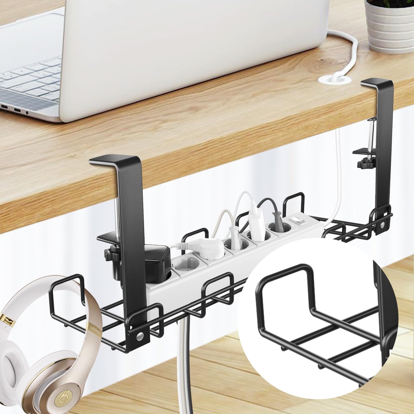 Lannvan Cable Management Desk without Drilling - 2 Pack Steel Desk Cable Organizer - Includes Accessories - Clampable Cable Tray Under Desk - Desk Organizer for Office/Home - Black