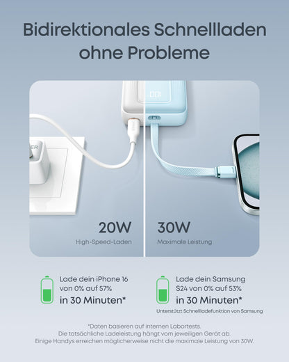 Anchor Powerbank 20,000mAh 30W with built-in USB-C cable, High-Speed portable charger, 1 USB-C, 1 USB-A, battery pack for iPhone 17/17 Pro/17 Pro Max/Air/16/15, MacBook, Galaxy, and more.