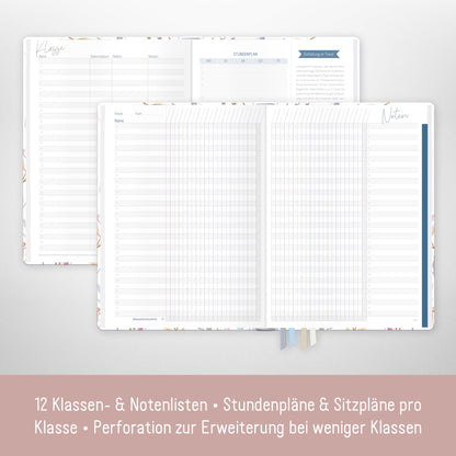Häfft® Teacher Planner 2025/2026 A5 + "Sweet Flowers" Hardcover teacher planner/school year planner with 236 pages, stickers, and more - sustainable & environmentally friendly.