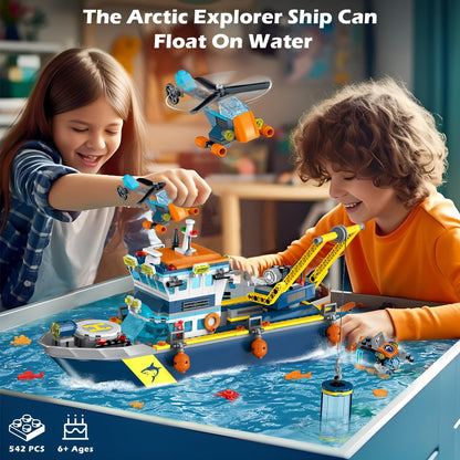HOGOKIDS City Floating Boat Building Kit with LED Lights - Fun Arctic Explorer Ship Building Brick Ocean Exploration with Helicopter Submarine Birthday Gift for 6+ Year Old Boys Girls Kids
