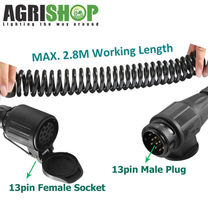 AgriShop trailer extension cable adapter 13-pin to 13-pin, 2.8m spiral cable trailer 13-pin trailer extension with male female plug, adapter trailer coupling 13 to 13 pin CE