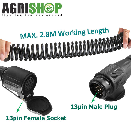 AgriShop trailer extension cable adapter 13-pin to 13-pin, 2.8m spiral cable trailer 13-pin trailer extension with male female plug, adapter trailer coupling 13 to 13 pin CE