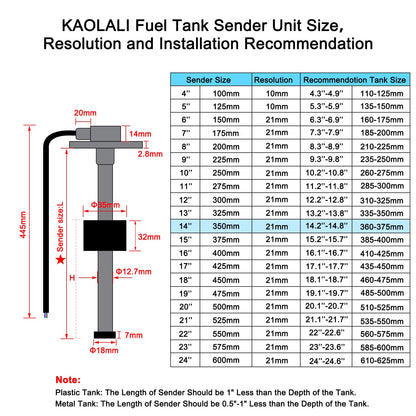 KAOLALI level sensor, fuel gauge stainless steel fuel send unit water level sensor for boats 5 hole fuel and water gauge 350mm