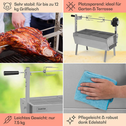 Klarstein 2-in-1 Rotisserie Grill with motor, mini, with rotating spit, electric spit grill for chicken & suckling pig, spit grill with stainless steel grate, charcoal grill with wheels.