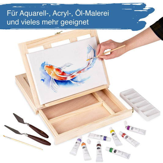 Artina 19-piece acrylic painting set with carrying case easel Milano - artist set painting case 12x 12ml acrylic paint set, brushes & stretcher canvas set - artist carrying case table easel beginner hobby painter painting set