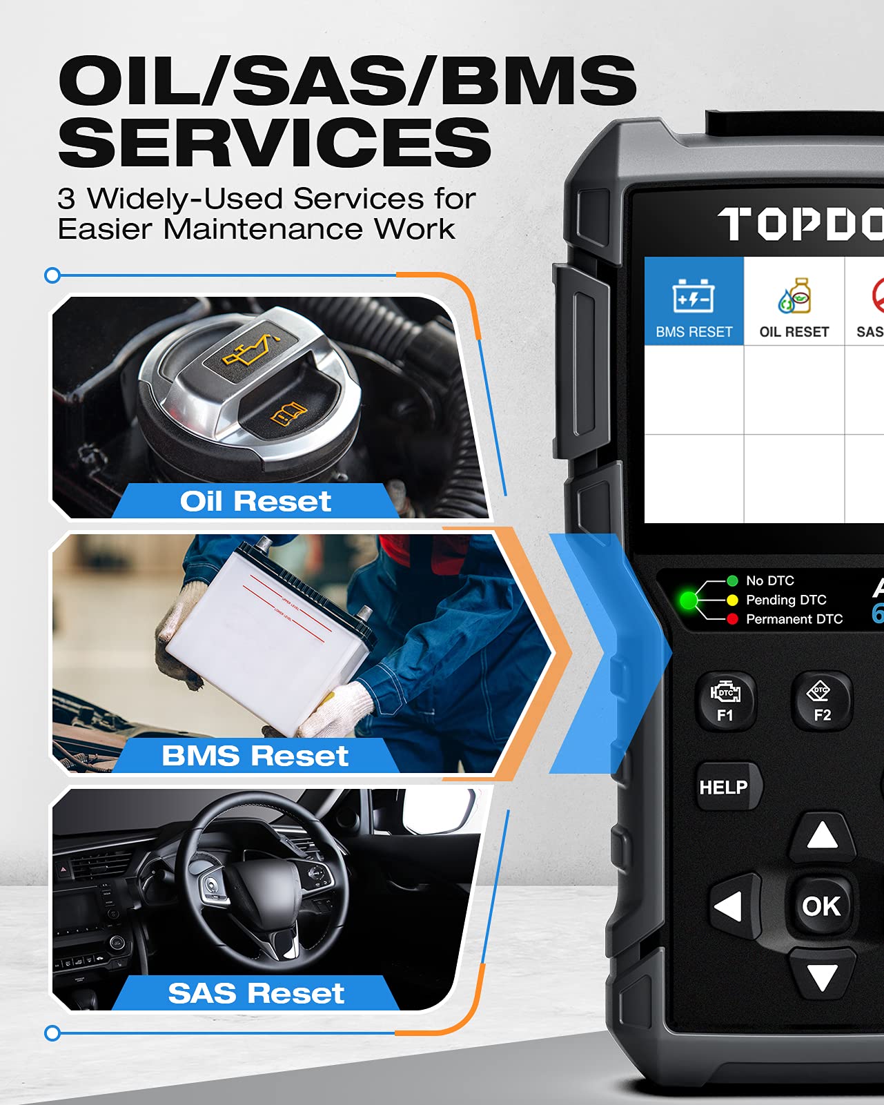 TOPDON OBD2 diagnostic tool with oil reset, BMS, SAS, car diagnostic tool for all vehicles for ABS and SRS system diagnosis, active test, lifetime free updates. Runs on batteries, black.