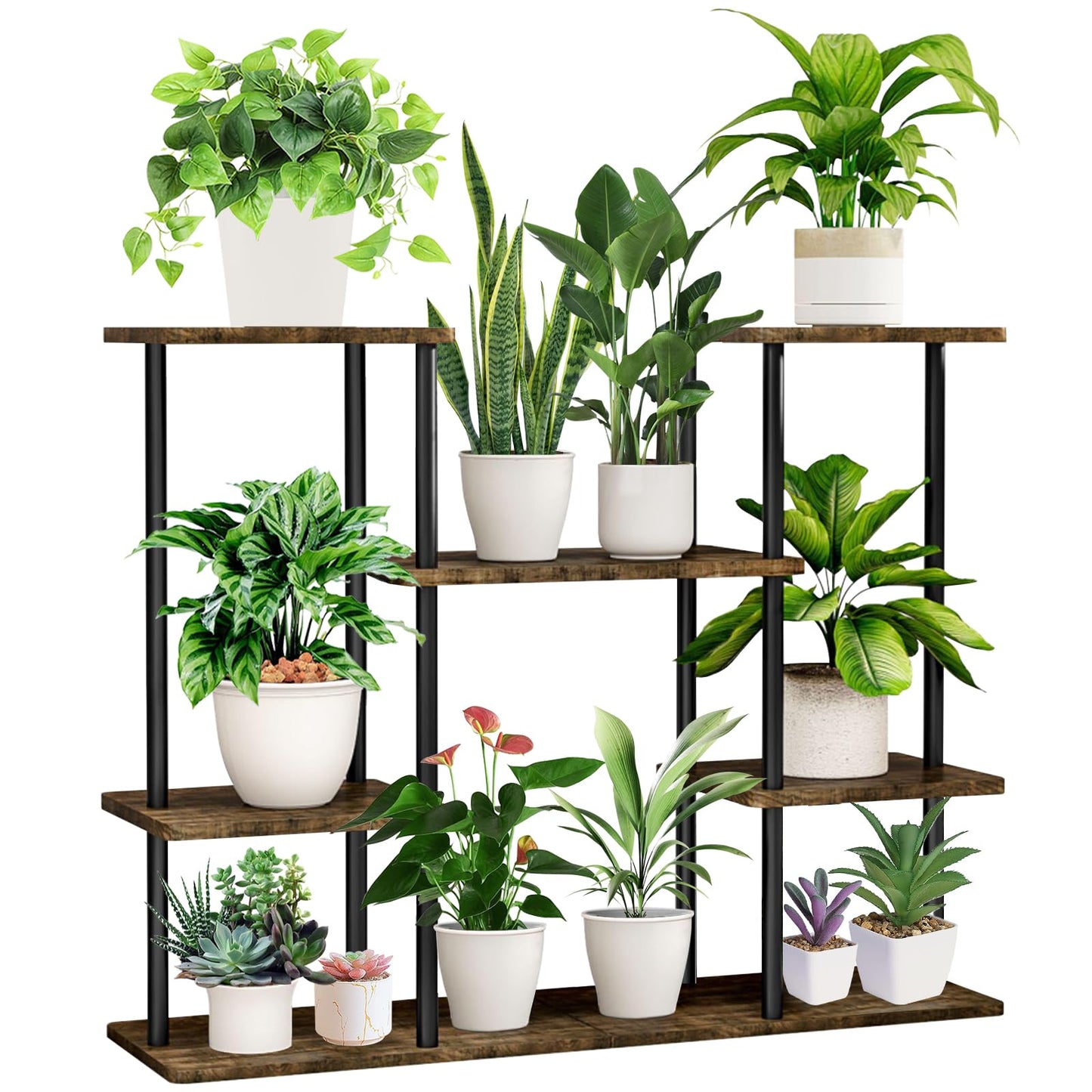 YOCOMEY Wooden Flower Shelf Plant Stand, Multi-Tier Flower Stand Plant Stand Flower Step Plant Step Standing Shelf for Indoor Garden Balcony Decoration (4 Tier 10 Pots, Black), (US-YO20230722-011)