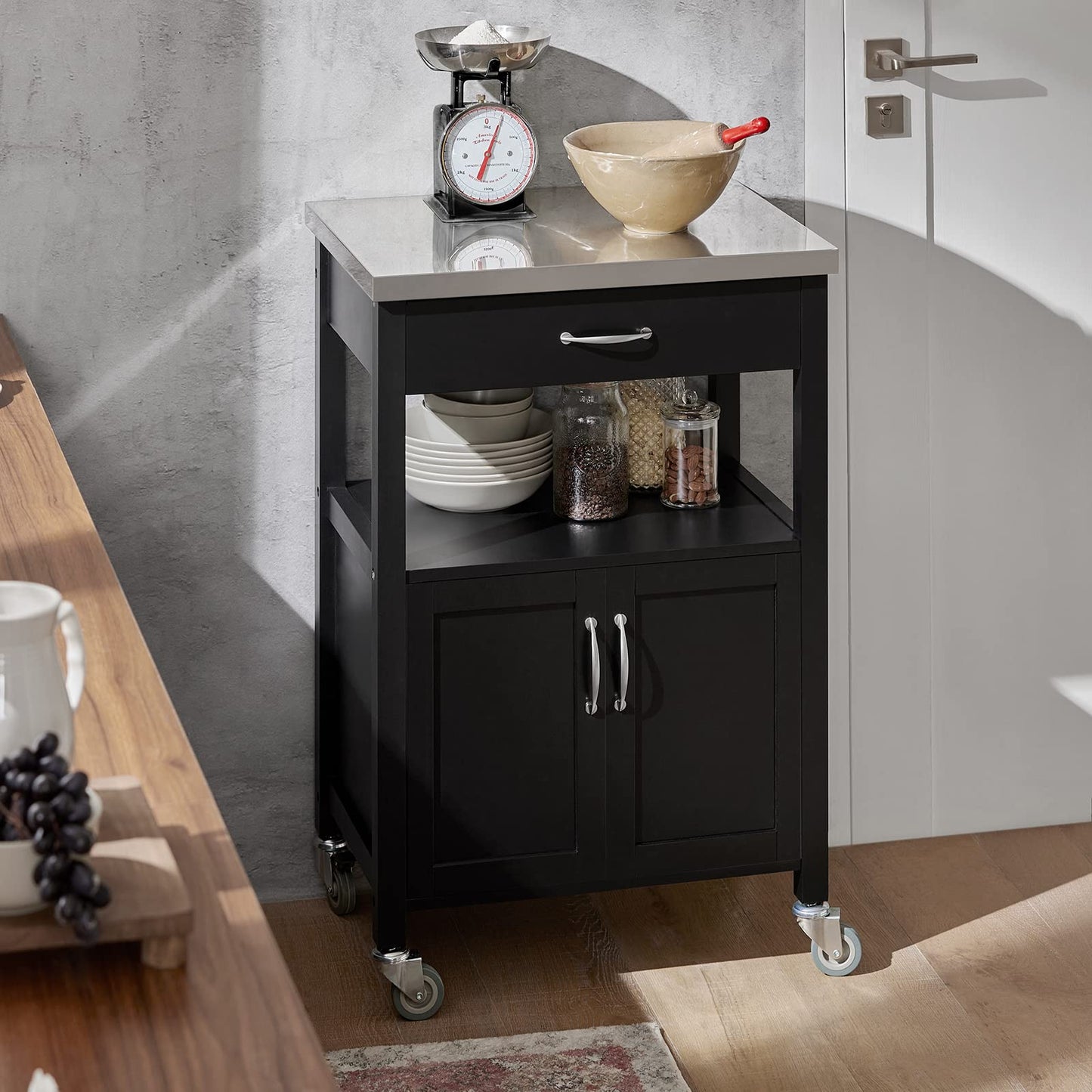 SoBuy Kitchen Cart with Worktop Serving Trolley with Wheels Side Table Wooden Trolley Kitchen Shelf Standing Versatile Kitchen Cabinet for Kitchen, Outdoor & Bedroom Black 60x92x45cm FKW22-SCH