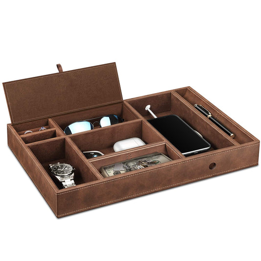 SITHON Bag emptier Table Organizer, 8 compartments Tray Organizer Storage box Faux leather Bedside cosmetic tray Nightstand coin box Key jewelry Organizer, (Brown)