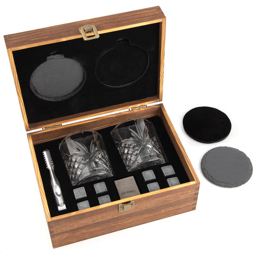 GOURMEO Whiskey Glass Set with Whiskey Accessories Stones - 2 Whiskey Glasses & 8 Cooling Stones - Whiskey Gift Set with Stainless Steel Tongs - Whiskey Gift Set for Men.
