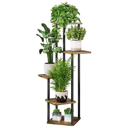 VASZOLA 5-Tier Wooden Flower Rack Plant Stand, Multi-layer Flower Shelf Plant Holder Flower Bench Flower Staircase Plant Staircase Stand Shelf for Indoor Garden Balcony Decor (Black)