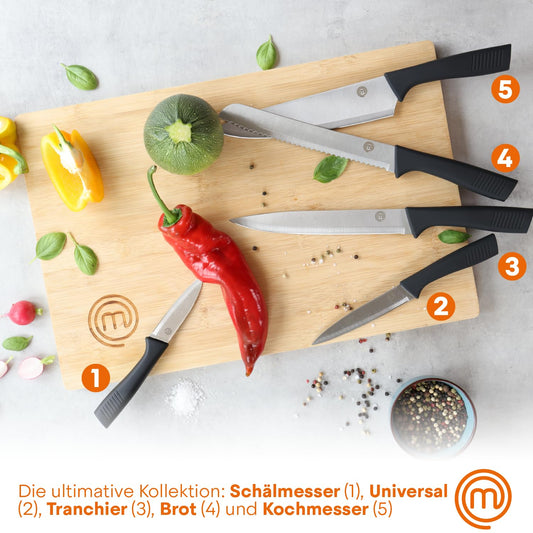 MasterChef knife block with knife cake knife set with Santoku knife, bread knife, chef's knife, vegetable knife, and utility knife, stainless steel, sharp, 5-piece, soft-touch handles.