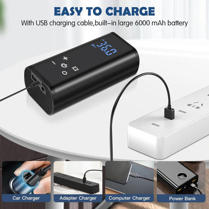 Electric air pump, 150 PSI portable battery compressor, 6000mAh bike pump air compressor for car bike motorcycle balls, touchscreen, rechargeable via USB-C, doubles as emergency light and power bank.