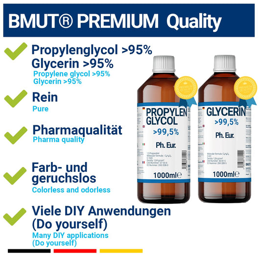 1000ml glycerin + 1000ml propylene glycol in pharmaceutical grade | >99.5% | pure | E422 + E1520 DIY