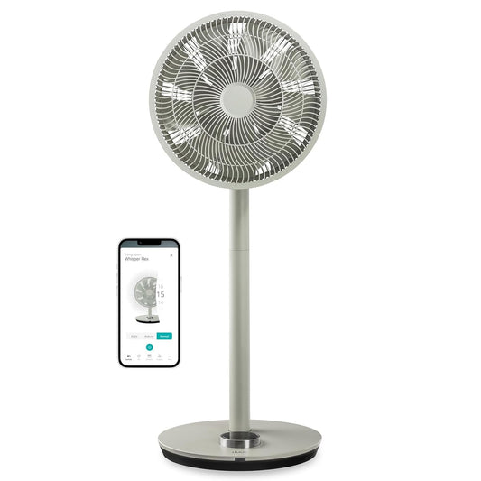Duux Whisper Flex Smart Stand Fan - Remote & Smartphone Control - Height Adjustable 51-88cm - Quiet Fan with Night Mode and Timer - Energy Efficient 2W, Battery-free - Sage