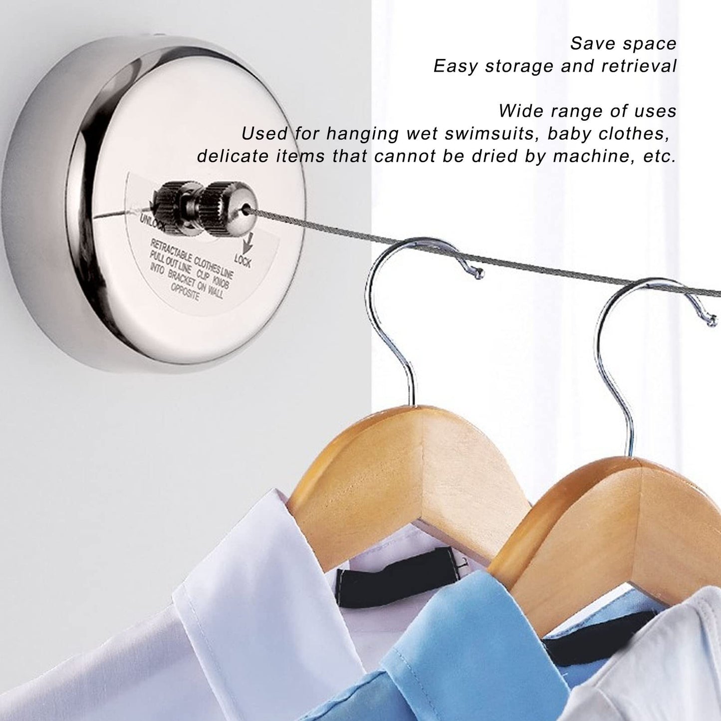 Mokernali laundry line retractable, made of stainless steel, with automatic double-pulley retraction, strong capacity, 3.8M, suitable for indoor and outdoor use, wall-mounted.