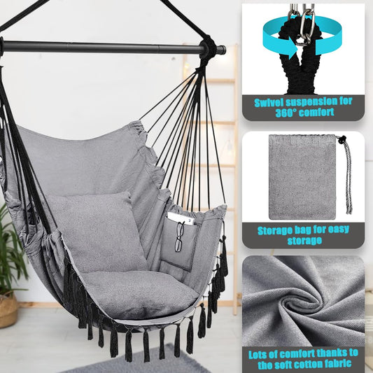 Outdoor & indoor hanging swing chair with 2 pillows & bag, XXL hanging chair for kids & adults up to 330 lbs, hammock swing for living room, bedroom, garden, terrace.