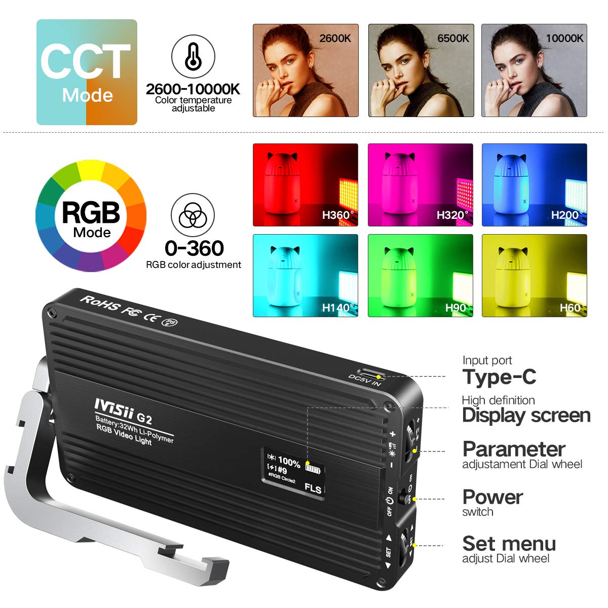 IVISII G2 RGB portable camera light, built-in 4300 mAh lithium battery, video conference lighting, 2600-10000 K, 12W full-color LED light panel for photography, studio, wedding shots