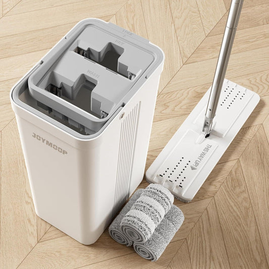 JOYMOOP Mop and Bucket with Wringer Set for Home, Flat Mop and Bucket System, Mops for Floor and Wall Cleaning, with 3 reusable microfiber mop pads.