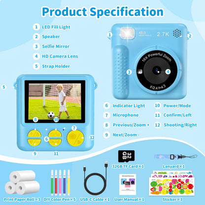 Children's camera instant camera, 2.4 inch 1080P screen instant camera for kids with 32GB card, 3 rolls of printing paper & colored pens, digital camera for kids toy, gift for children 3-12 years.