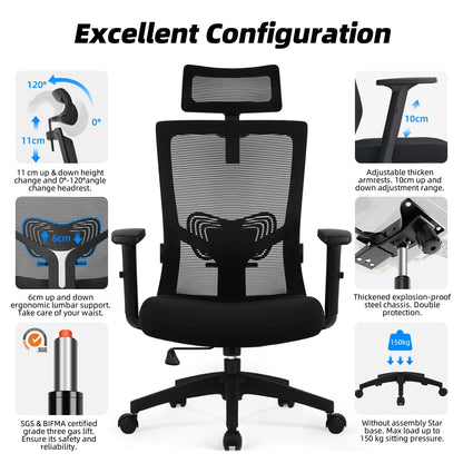 Daccormax Office Chair Ergonomic, Desk Chair with Adjustable Headrest, Armrests, Lumbar Support, Swivel Chair Tilt Function, Executive Chair made of Mesh, Back-friendly, Office Chair 150kg