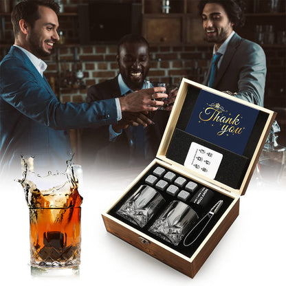 Whiskey Glass Gift Set, Whiskey Stones, Whiskey Gift Sets for Men, 8 Whiskey Stones 2 Crystal Whiskey Glasses Wooden Box Gift, Birthday Gifts for Men, Dad, Husband Valentine's Day (Round)