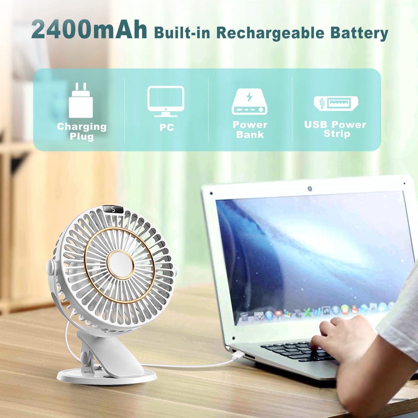 COZII Mini Fan, Clip Fan USB Fan Desk Fan Quiet with Battery, 5 Speeds 720° Rotation, 16cm Portable Table Fan for Home, Office, Outdoor, Travel (White)