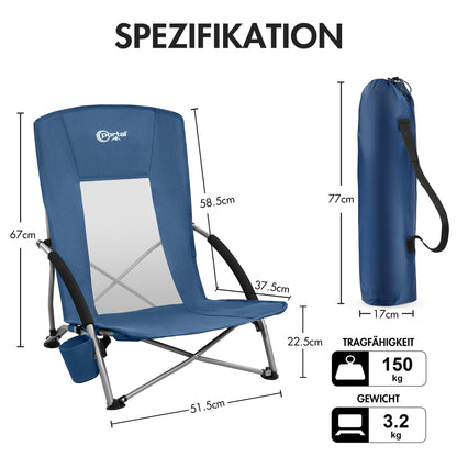 Portable beach chair, foldable and lightweight camping chair, supports up to 150KG, low breathable fabric, portable foldable chair with carry bag, drink holder for beach, garden, hiking.