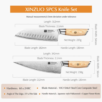 XINZUO 5-piece kitchen knife set made of composite steel, chef's knife set with 3 layers of composite steel 10Cr15CoMoV steel core, professional sharp Japanese knife set with Pakkawood handle.