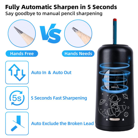 Tenwin Fully Automatic Electric Pencil Sharpener, rechargeable pencil sharpener with container for colored pencils from 7-11.5 mm, portable and safe for home, office, school (Black)