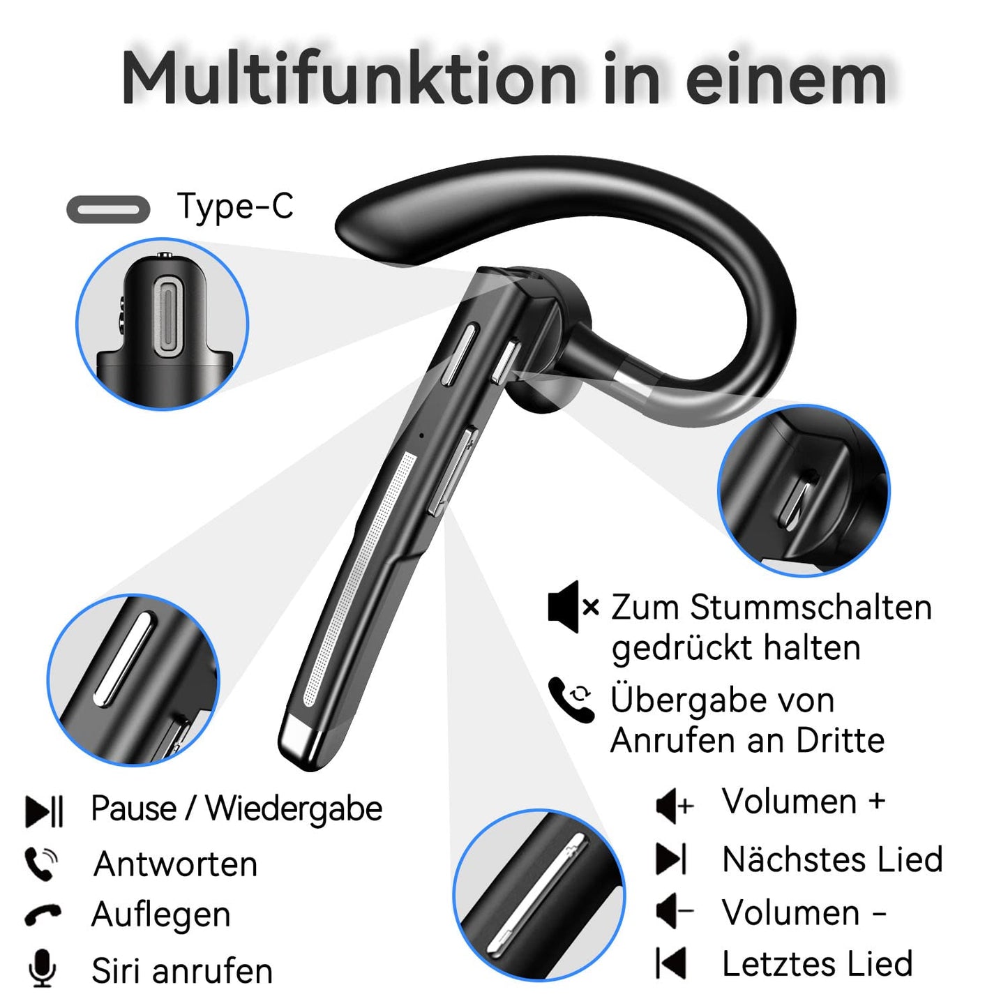 Bluetooth headset with microphone, V6.1 in-ear hands-free mobile wireless headphones with LED charging case for driving/business/office, IPX7 waterproof, compatible with iPhone Android smartphones and tablets.