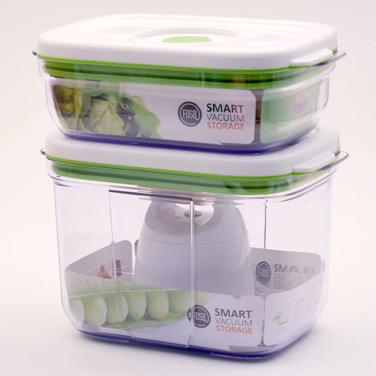 FOSA BARCELONA 3-piece Starter Kit - keeps food fresh longer in vacuum - food storage containers with vacuum pump (TURTLE) + 3 x FOSA MADRID rectangular storage containers.
