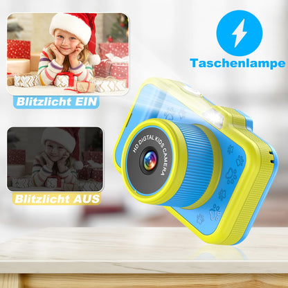 Children's camera with 3.5" display | 360° zoom lens | Selfies & LED flash | Digital camera with 32GB card | Toy for kids 3-12 | Blue