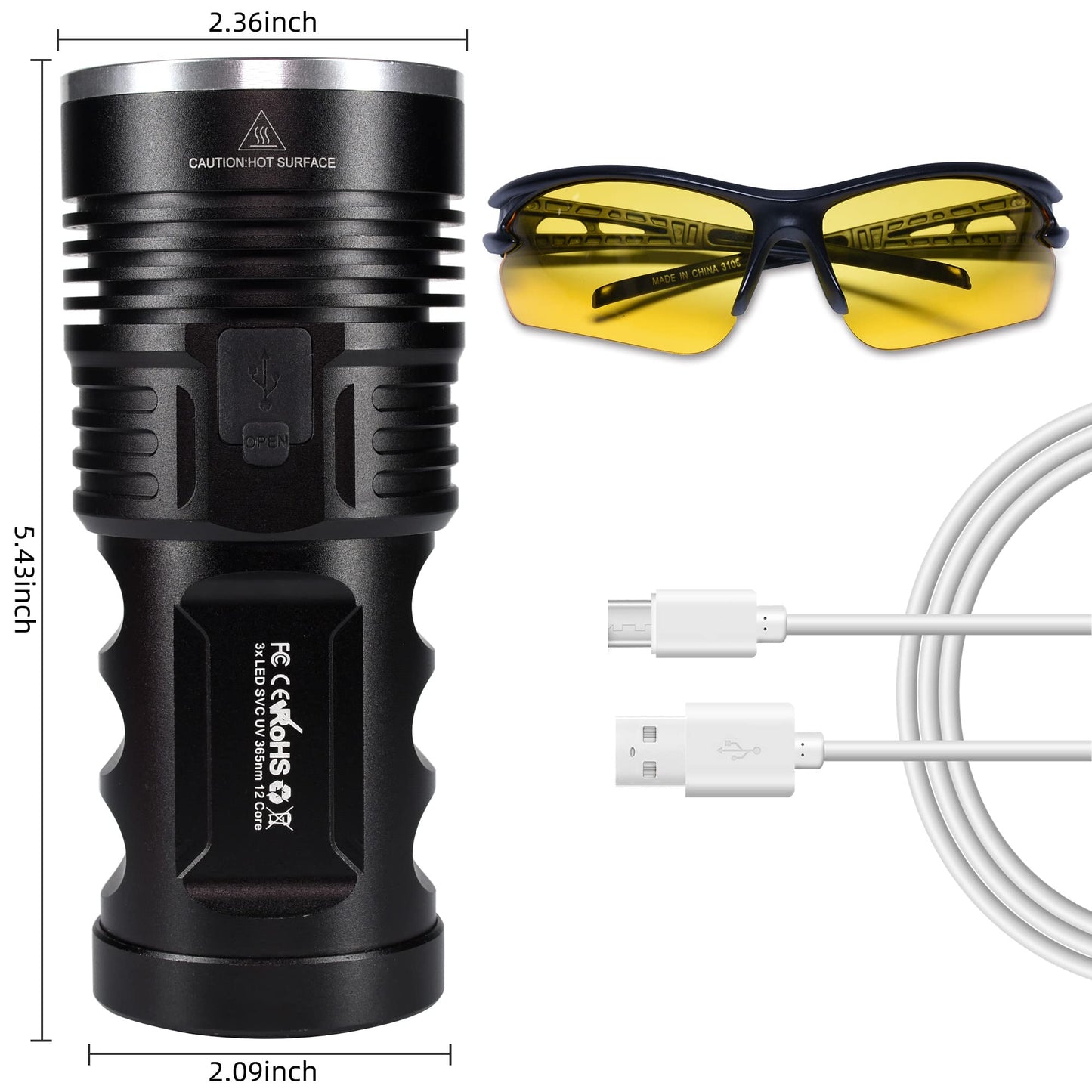 DARKBEAM UV flashlights 365nm Ultraviolet Blacklight, LED light portable Wood lamp, 36W powerful USB-C Blacklight for detecting animal urine, leaks, minerals, uranium glass with battery, B40
