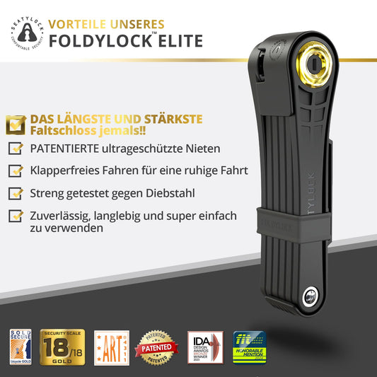 FoldyLock Elite bike lock with key - Patented folding lock with mounting bracket - Sold Secure Gold winner bicycle accessory - High security for city bikes and eBikes - 110 cm