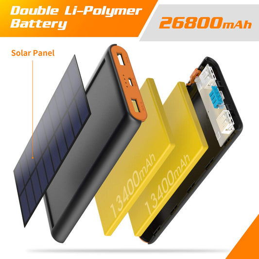 Solar Powerbank 26800mAh, QTshine External Battery Charger, Solar Power Bank Pack with 2 Outputs designed for outdoor activities, compatible with all smartphones, tablets, and USB devices.