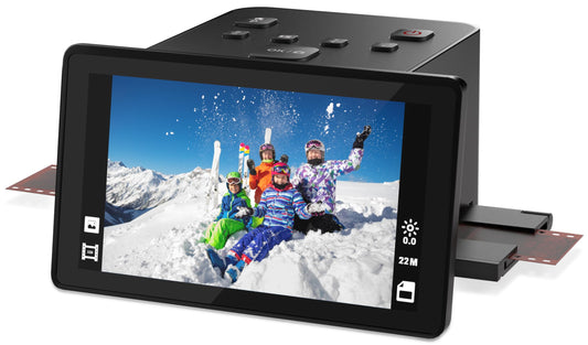 Digital film and slide scanner with large 5-inch LCD display, converts 135, 126 KPK, 110 negatives, color and black-and-white slides, and Super 8 film into 22 MP JPEG images.