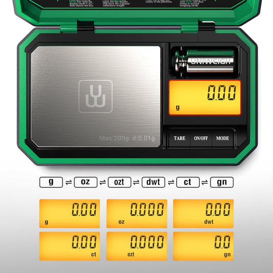 UNIWEIGH Digital Pocket Scale 200g/0.01g Precision Scale, Portable Mini Scale, Jewelry Scale, Kitchen Scale, Coin Scale, Gold Scale, Gram Scale with 50g Calibration Weight - Green