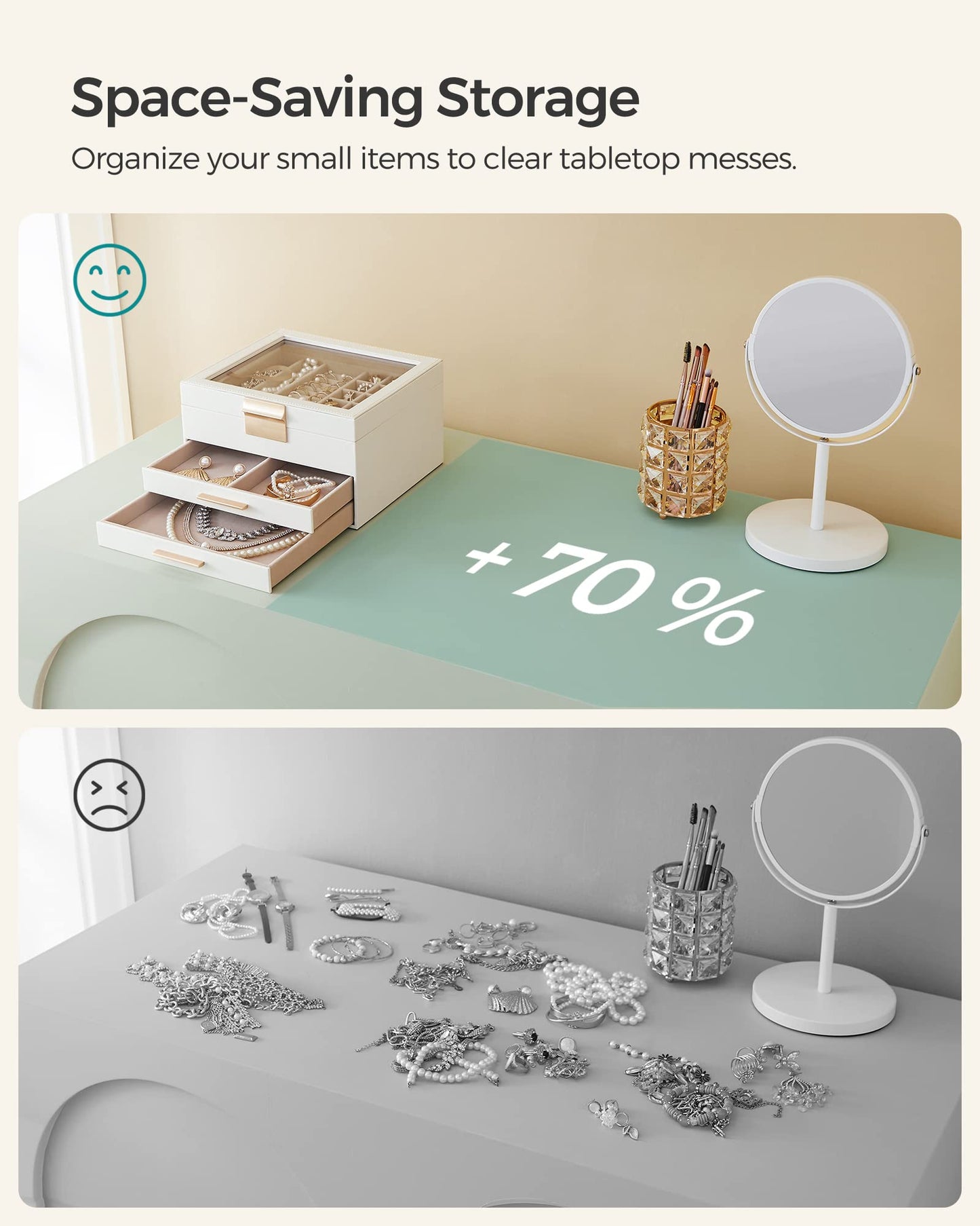 SONGMICS Jewelry box with 3 levels, glass lid, 2 drawers, ample storage, modern design, perfect gift for your loved ones, cloud white-gold JBC239WT.