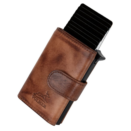Fa.Volmer ® POP-UP card holder made of genuine leather with/without coin pocket for men & women | up to 11 cards | RFID protection | wallet VO24/31 (Zip Brown)