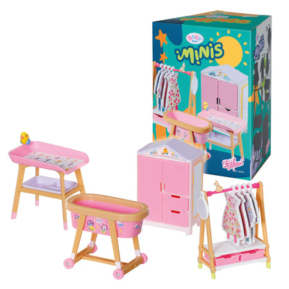 BABY Born, doll vehicle, fold-out caravan & Minis playset furniture set with wardrobe, clothes rail, bassinet, and changing table, 906163 Zapf Creation