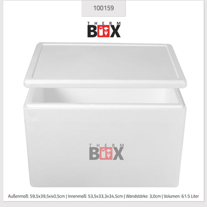 THERM-BOX Styrofoam box 61W Inside: 53x33x34cm Wall: 3cm Volume: 61.5L Insulated box Cooler box Warm-keeping box Reusable