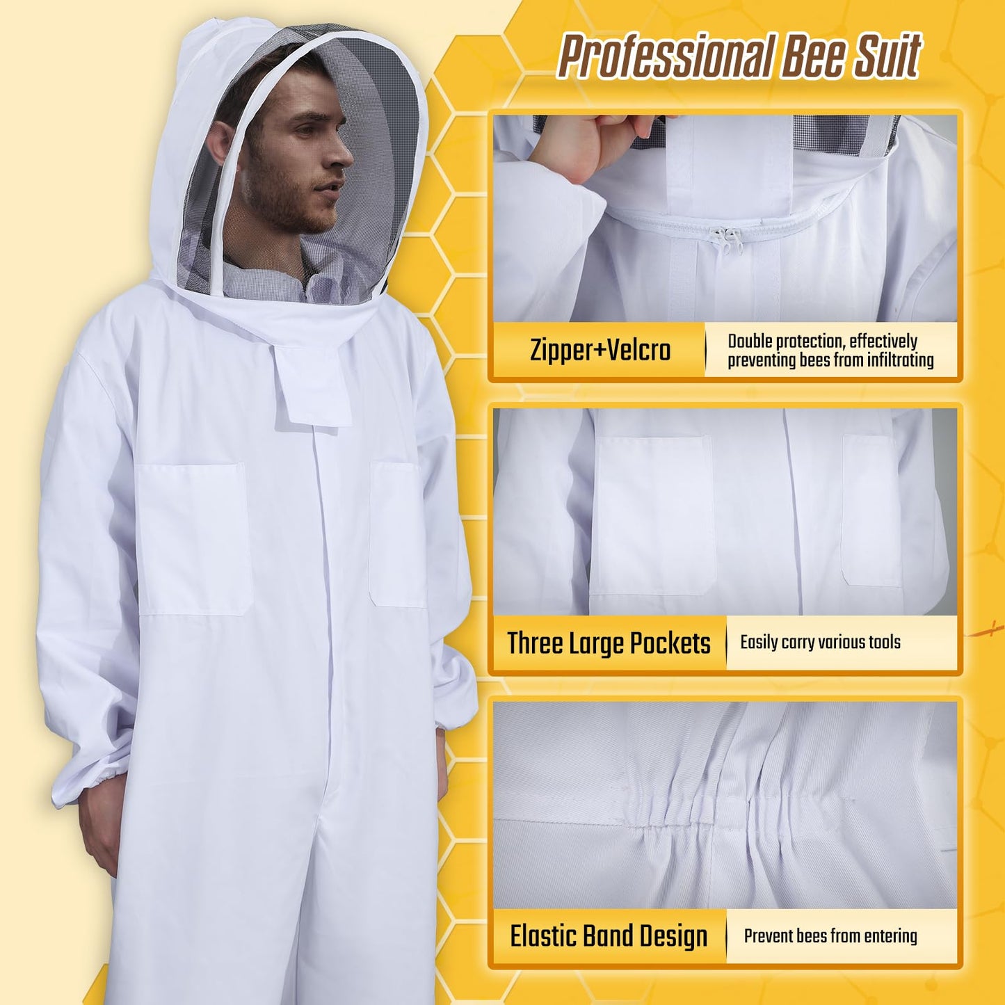 Moontay Beekeeping Suit, sting-proof with removable breathable hood. Full protection bee suit with pockets and elastic cuffs for beekeepers. Professional bee suit for men and women, XXL.