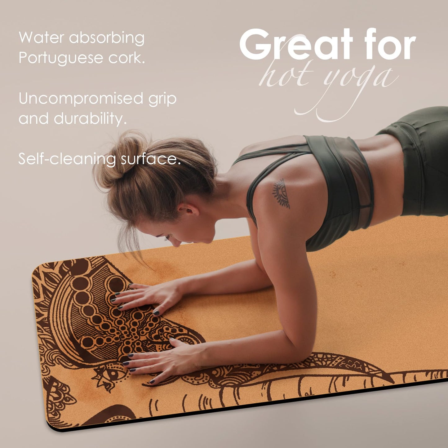 Cork yoga mat, non-slip, unique design, natural cork, TPE material, fitness training mat with carrying bag and strap, for home, pilates, aerobic fitness studio and workout (183 x 61 cm)